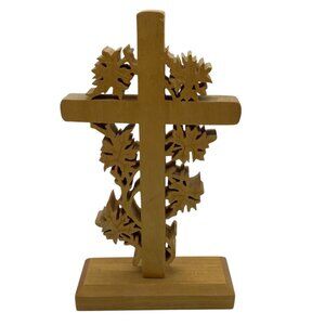 Vtg Easter Rustic Handcrafted Wooden‎ Cross With Vine Detailing 8.25” x 4.75”